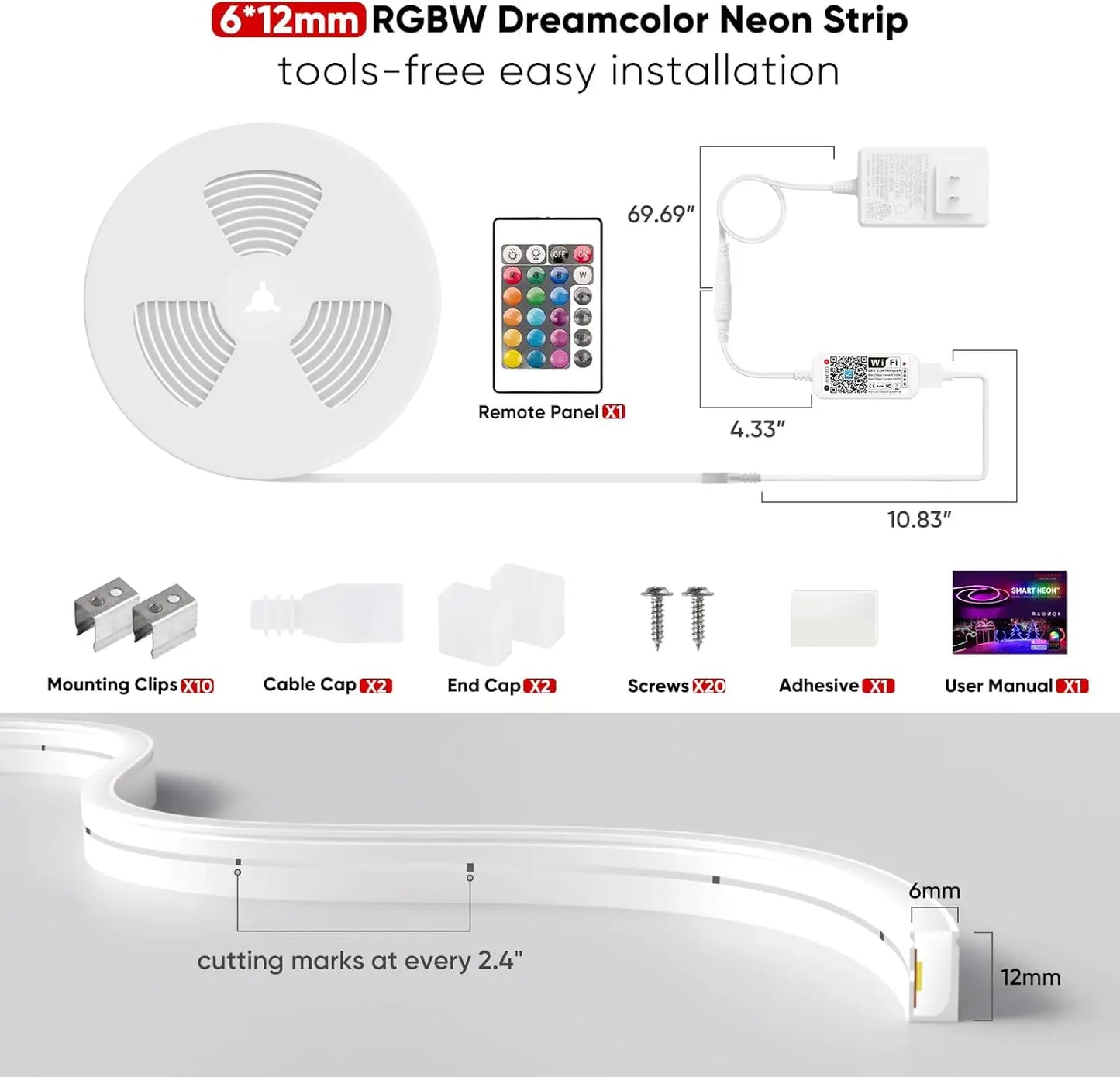 16.4FT RGBW 24V Silicone Led Light Remote APP WiFi Control Music Sync Waterproof RGB+Cool White Dimmable Smart Neon Rope Lights