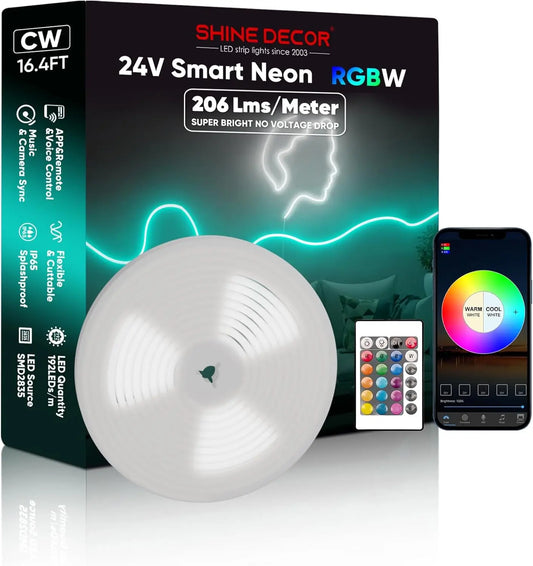 16.4FT RGBW 24V Silicone Led Light Remote APP WiFi Control Music Sync Waterproof RGB+Cool White Dimmable Smart Neon Rope Lights