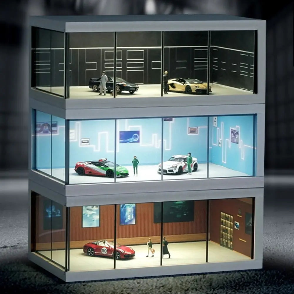 1/64 Scale Car Model Showroom Exhibition Hall Transparent Garage Scene Model Dust Cover Assemble Miniature Car Garage Collection