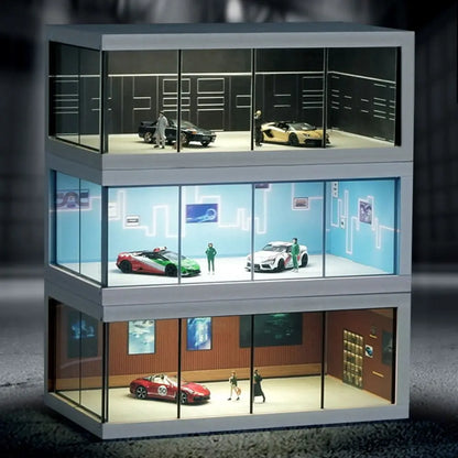 1/64 Scale Car Model Showroom Exhibition Hall Transparent Garage Scene Model Dust Cover Assemble Miniature Car Garage Collection