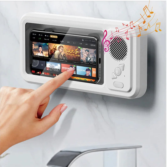 Bathroom Waterproof Phone Case with Bluetooth Speaker Wall Mount Phone Holder Stand Anti-Fog for Showering Bathe Kitchen
