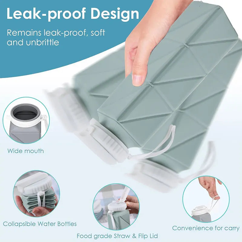 620ml Collapsible Water Bottle Cup with Straw Lid Leakproof BPA Free Silicone Foldable Water Bottle for Travel Gym Camping Sport