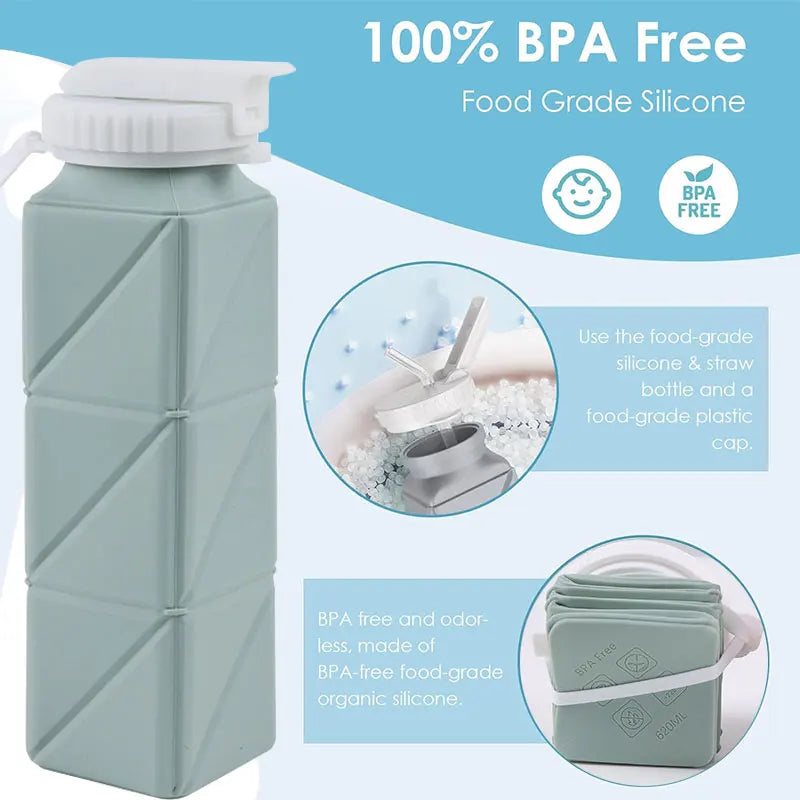 620ml Collapsible Water Bottle Cup with Straw Lid Leakproof BPA Free Silicone Foldable Water Bottle for Travel Gym Camping Sport